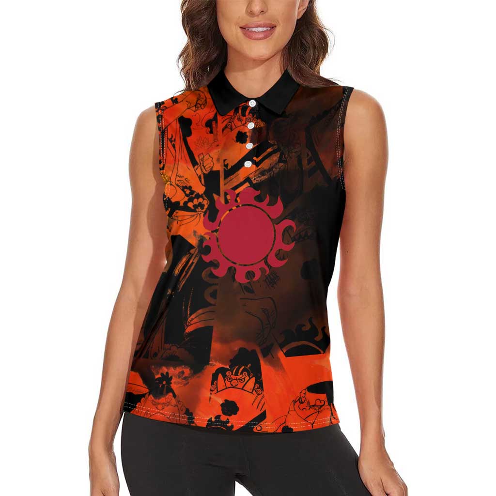 Jinbe One Piece Red and Black Theme Women Sleeveless Polo Shirt with Sun Pirates Emblem and Karate Pose Design - The Mazicc