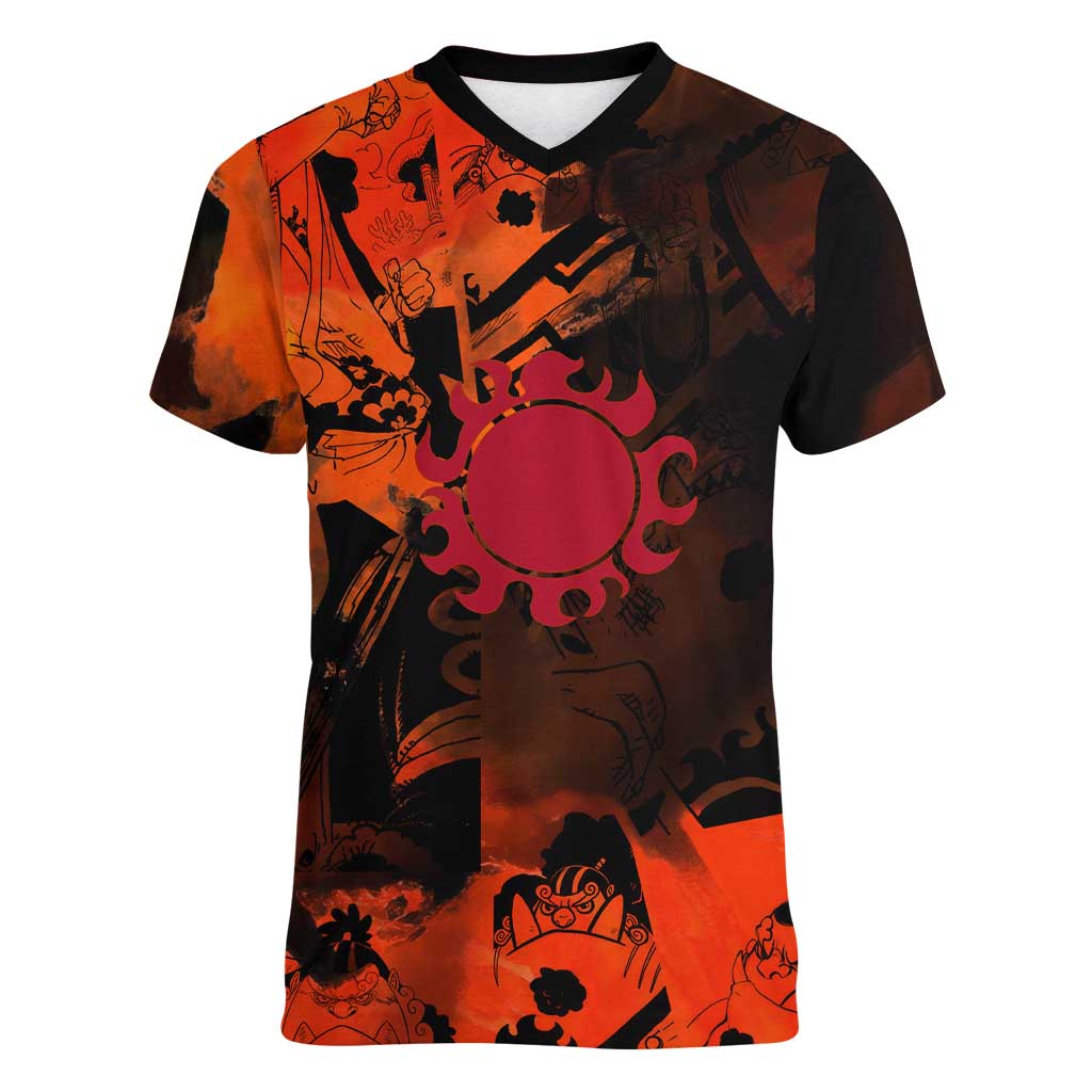 Jinbe One Piece Red and Black Theme Women V-Neck T-Shirt with Sun Pirates Emblem and Karate Pose Design - The Mazicc