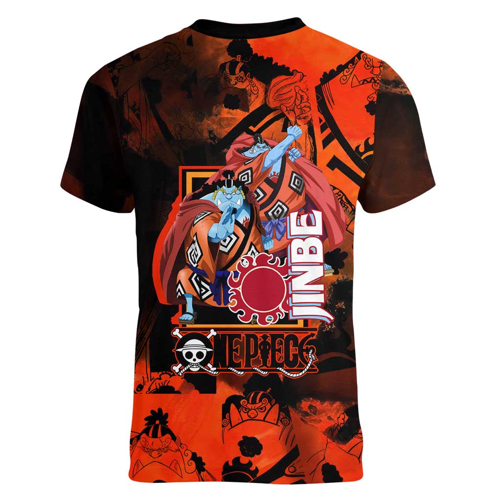 Jinbe One Piece Red and Black Theme Women V-Neck T-Shirt with Sun Pirates Emblem and Karate Pose Design - The Mazicc