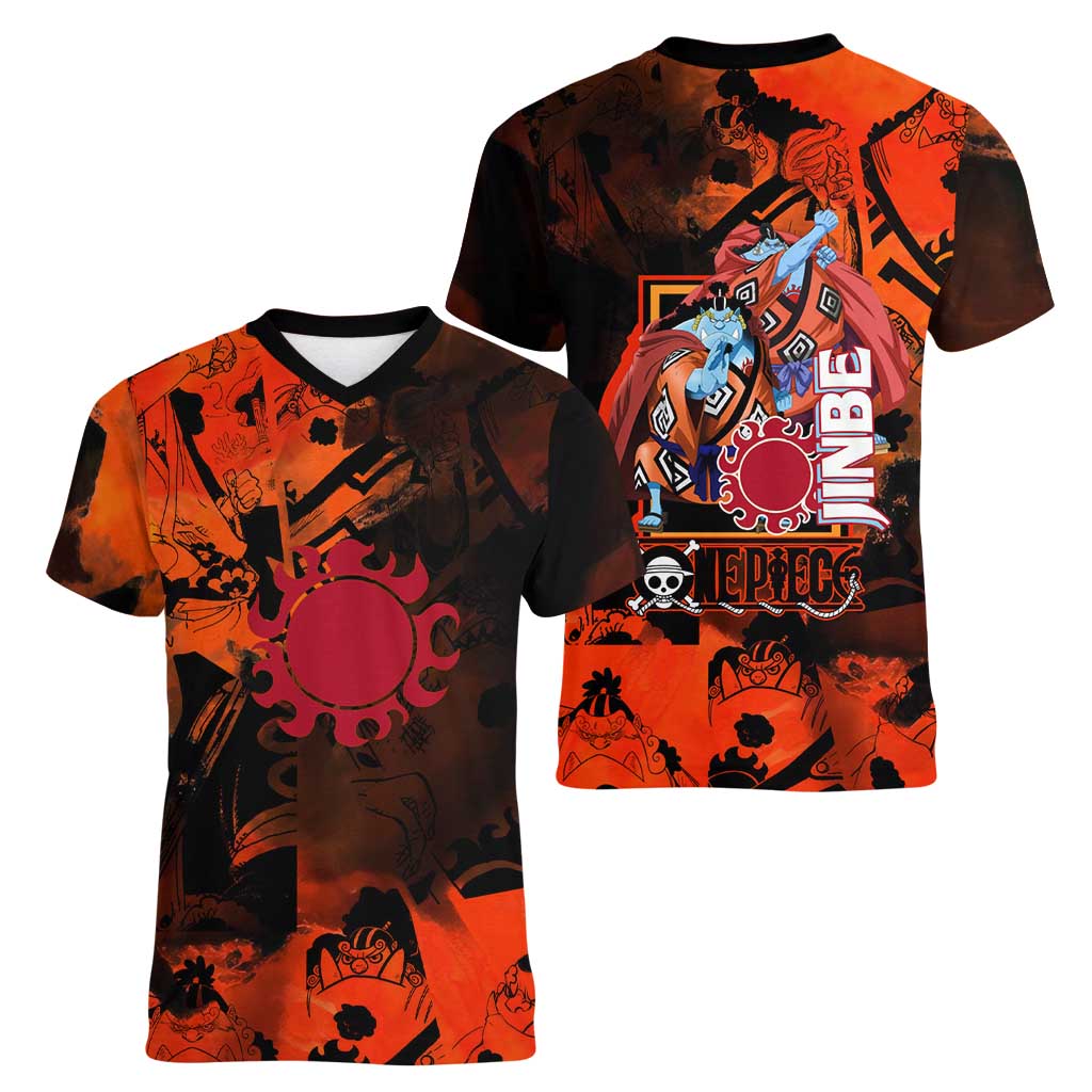 Jinbe One Piece Red and Black Theme Women V-Neck T-Shirt with Sun Pirates Emblem and Karate Pose Design - The Mazicc
