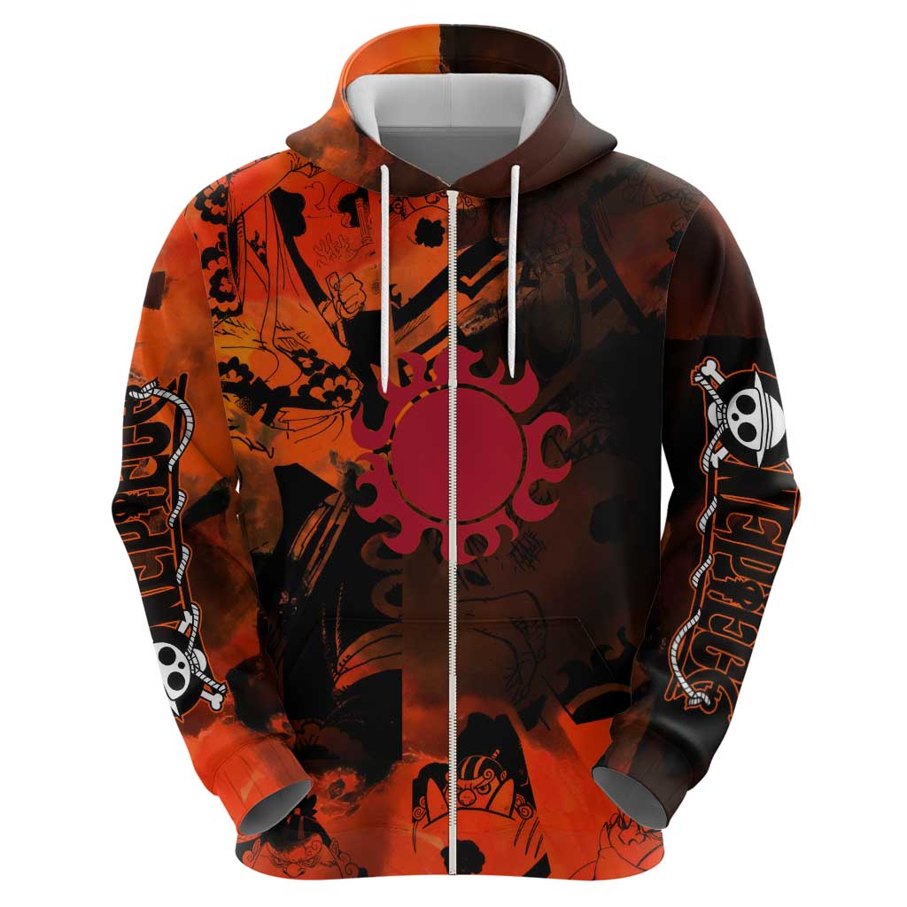 Jinbe One Piece Red and Black Theme Zip Hoodie with Sun Pirates Emblem and Karate Pose Design - The Mazicc