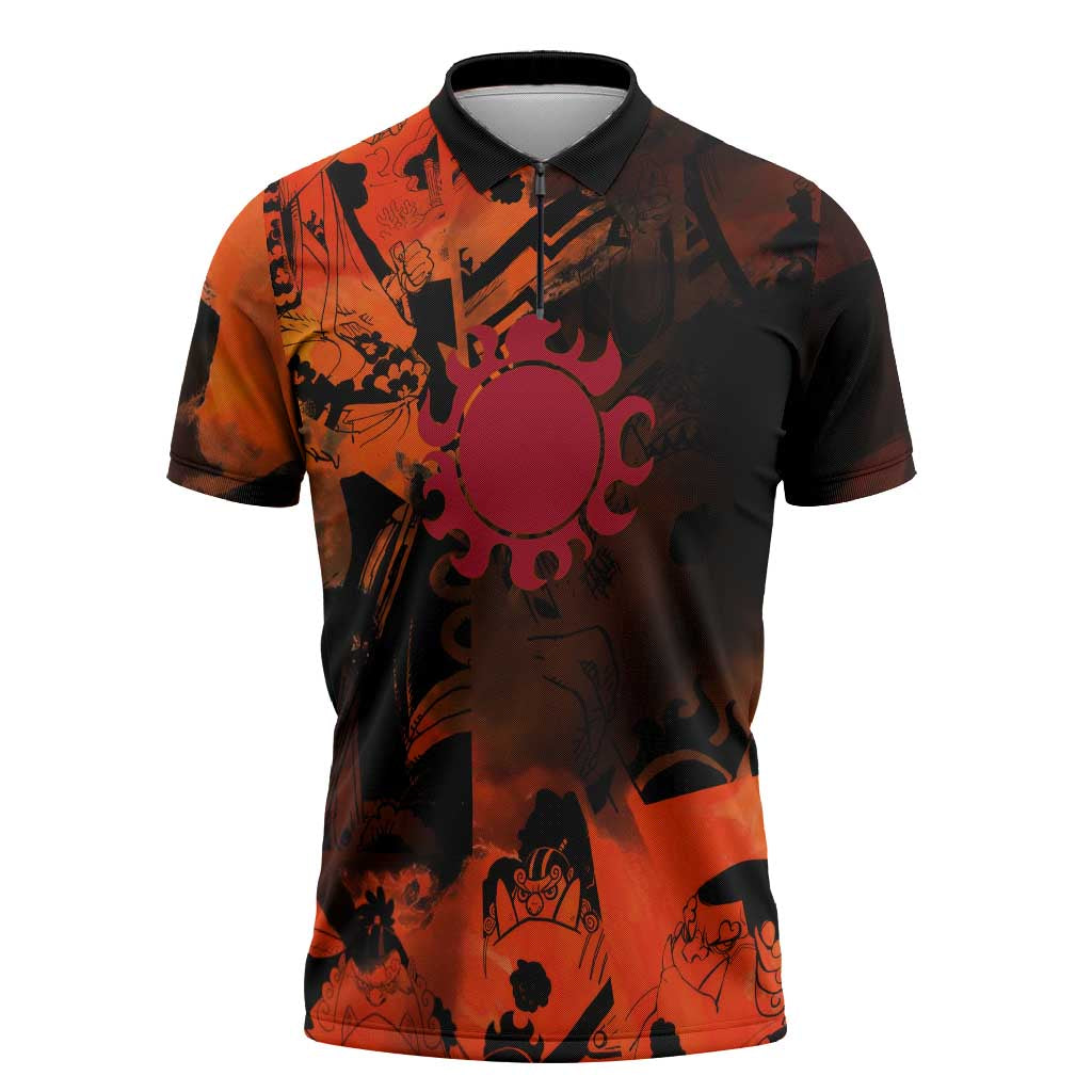Jinbe One Piece Red and Black Theme Zipper Polo Shirt with Sun Pirates Emblem and Karate Pose Design - The Mazicc