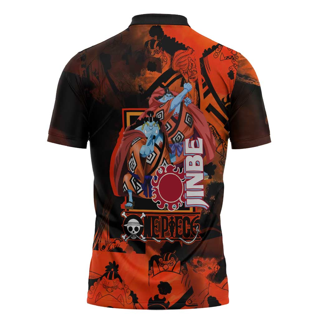 Jinbe One Piece Red and Black Theme Zipper Polo Shirt with Sun Pirates Emblem and Karate Pose Design - The Mazicc