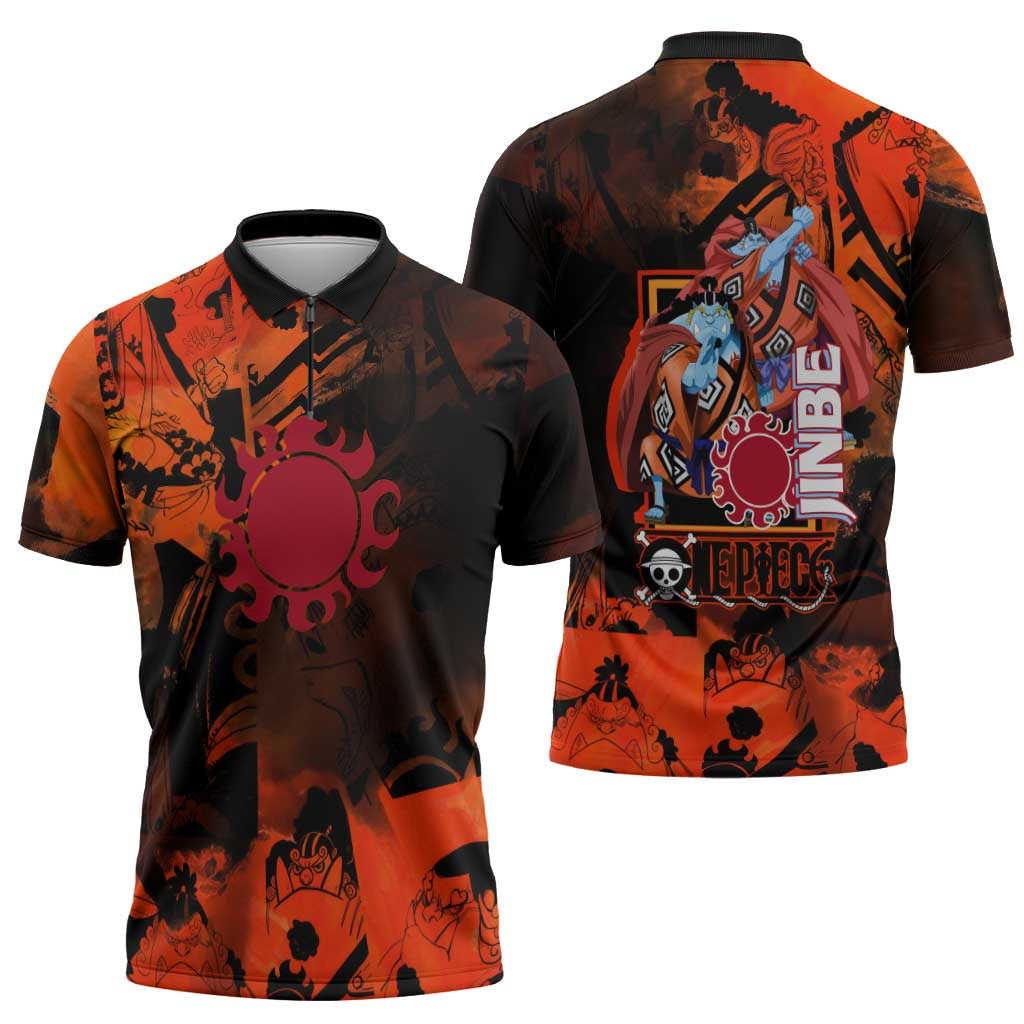 Jinbe One Piece Red and Black Theme Zipper Polo Shirt with Sun Pirates Emblem and Karate Pose Design - The Mazicc