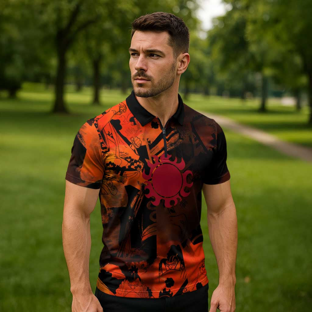 Jinbe One Piece Red and Black Theme Zipper Polo Shirt with Sun Pirates Emblem and Karate Pose Design - The Mazicc