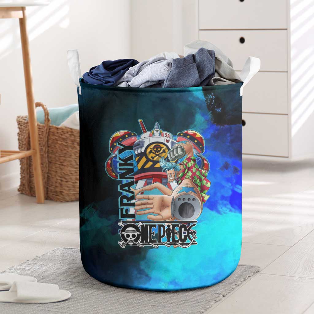 Franky One Piece Blue Theme Laundry Basket with Cyborg Design and Shipwright Pose - The Mazicc