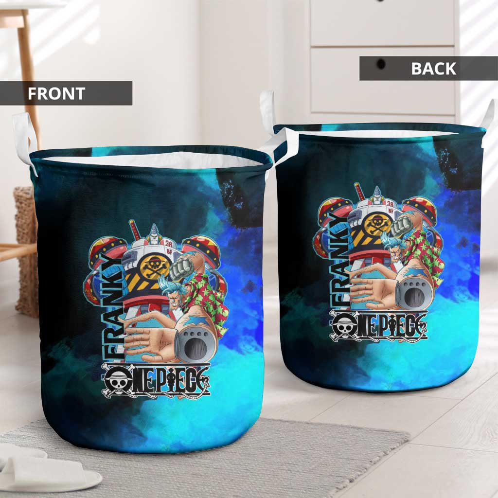 Franky One Piece Blue Theme Laundry Basket with Cyborg Design and Shipwright Pose - The Mazicc