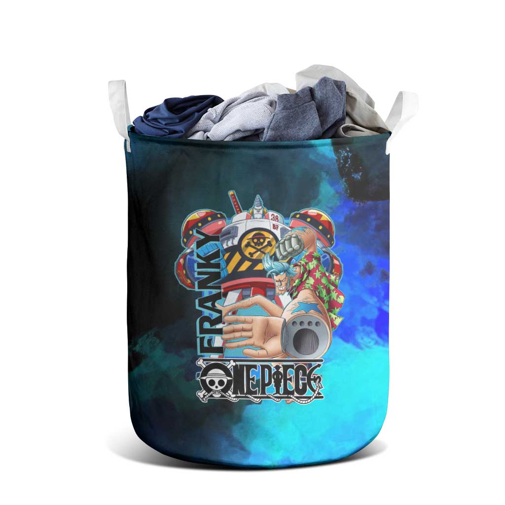 Franky One Piece Blue Theme Laundry Basket with Cyborg Design and Shipwright Pose - The Mazicc