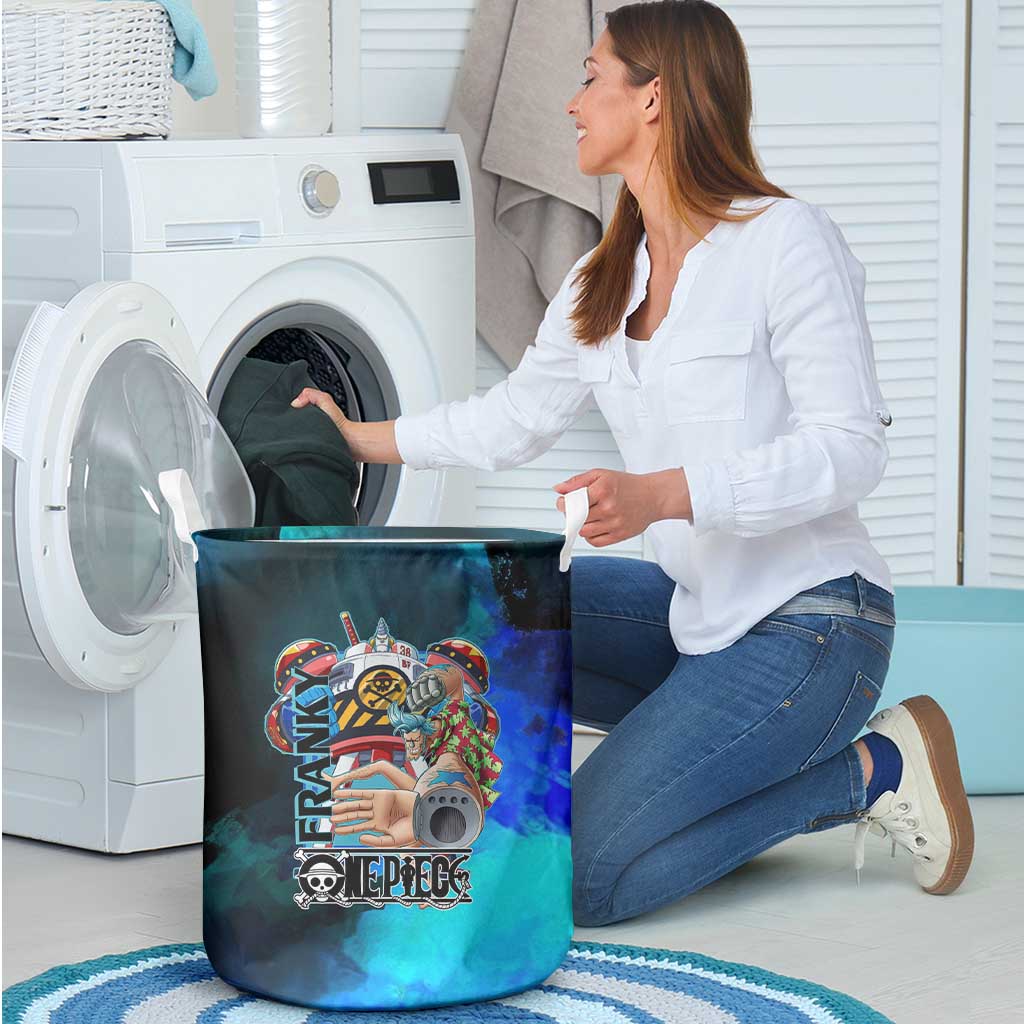Franky One Piece Blue Theme Laundry Basket with Cyborg Design and Shipwright Pose - The Mazicc