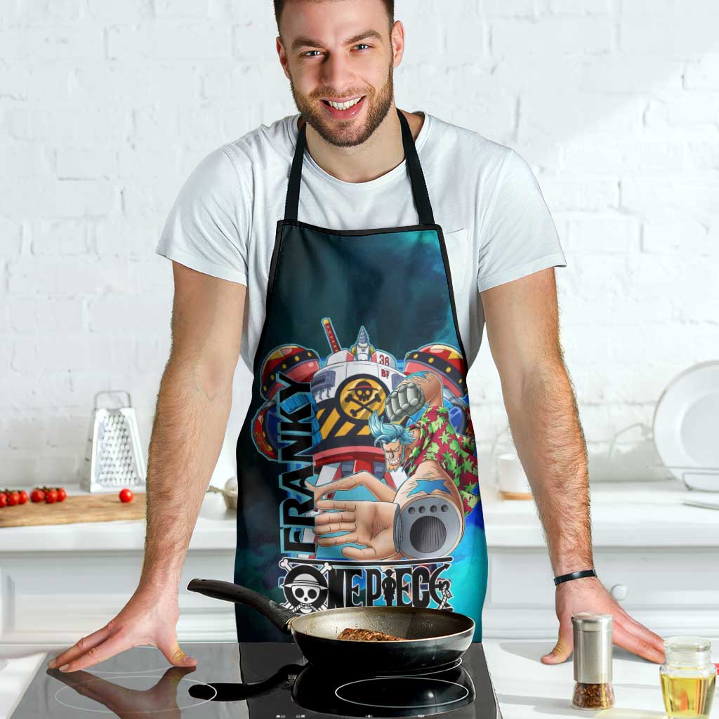 Franky One Piece Blue Theme Apron with Cyborg Design and Shipwright Pose - The Mazicc