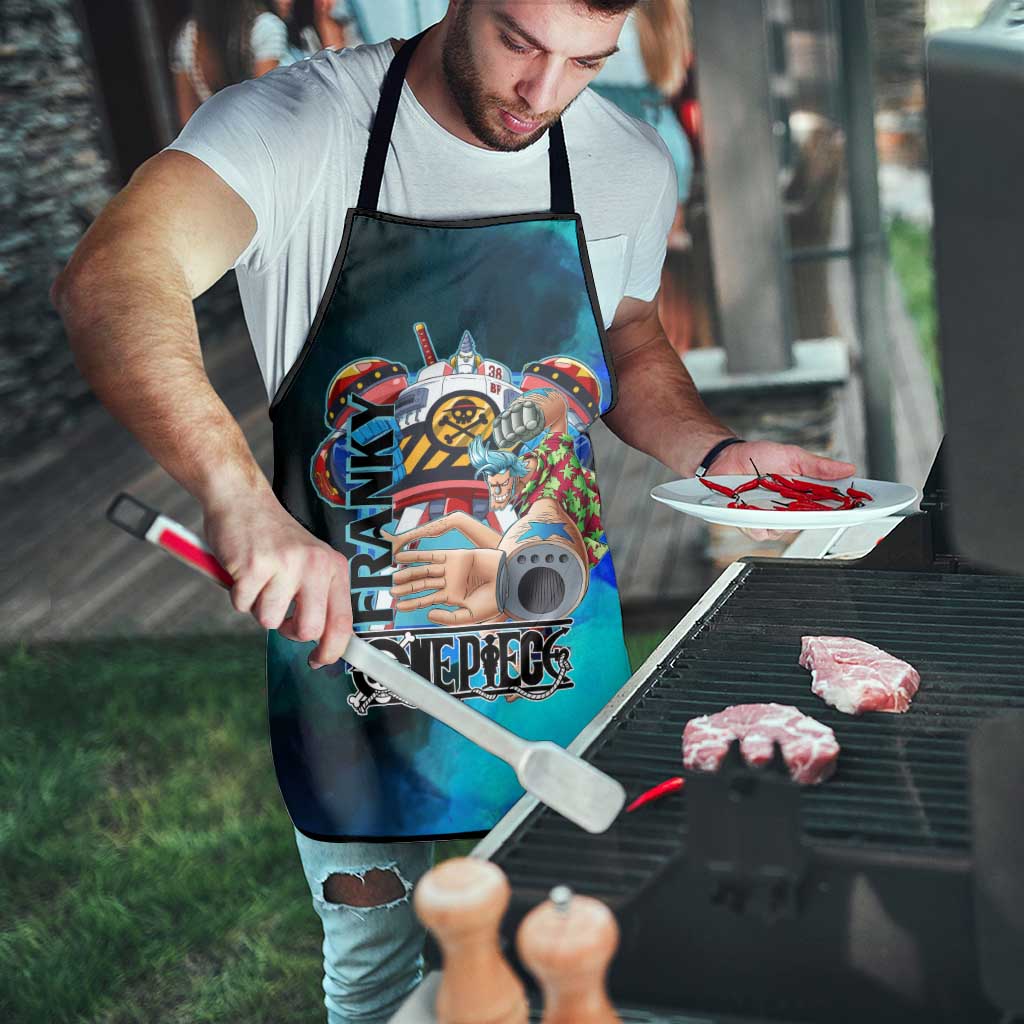 Franky One Piece Blue Theme Apron with Cyborg Design and Shipwright Pose - The Mazicc