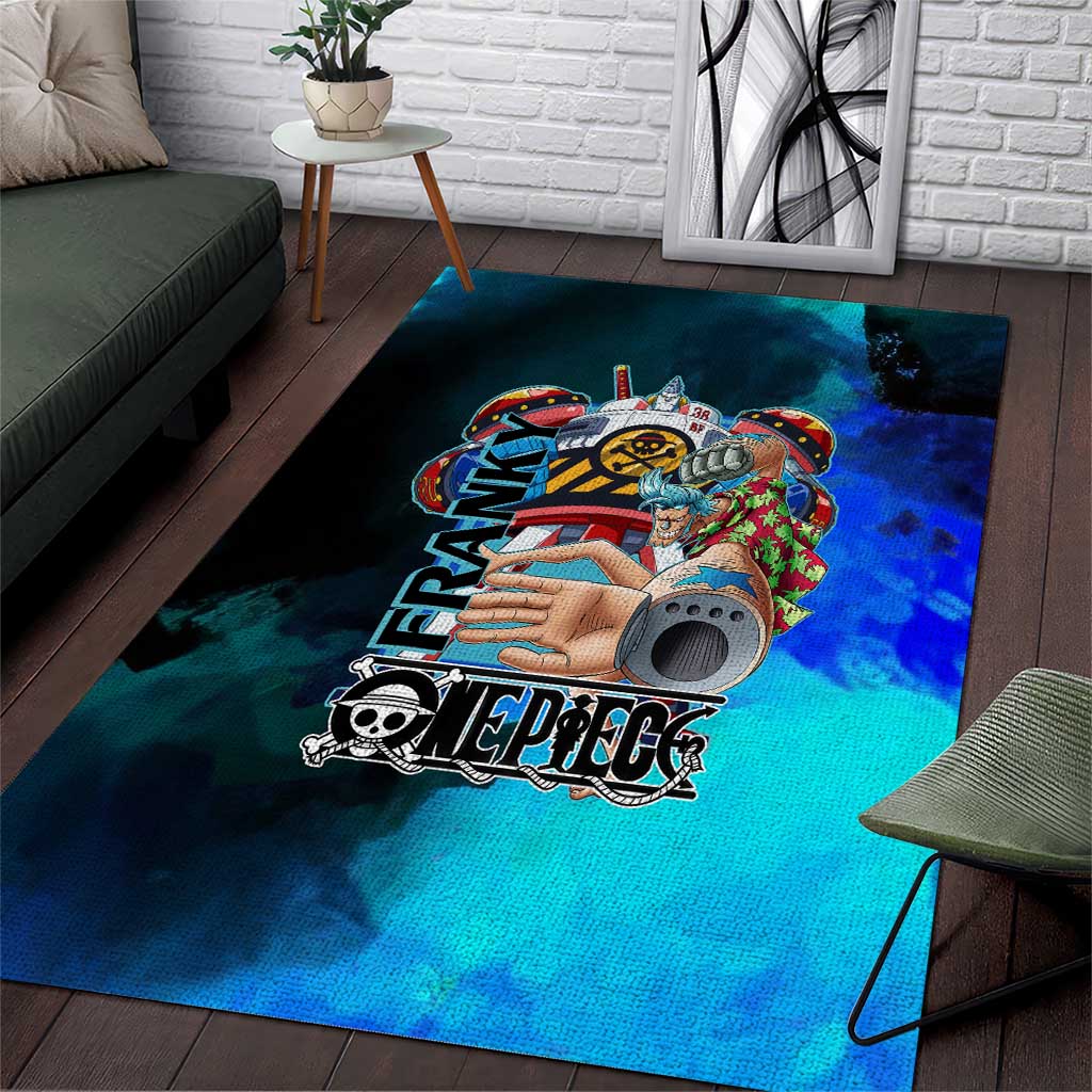 Franky One Piece Blue Theme Area Rug with Cyborg Design and Shipwright Pose - The Mazicc