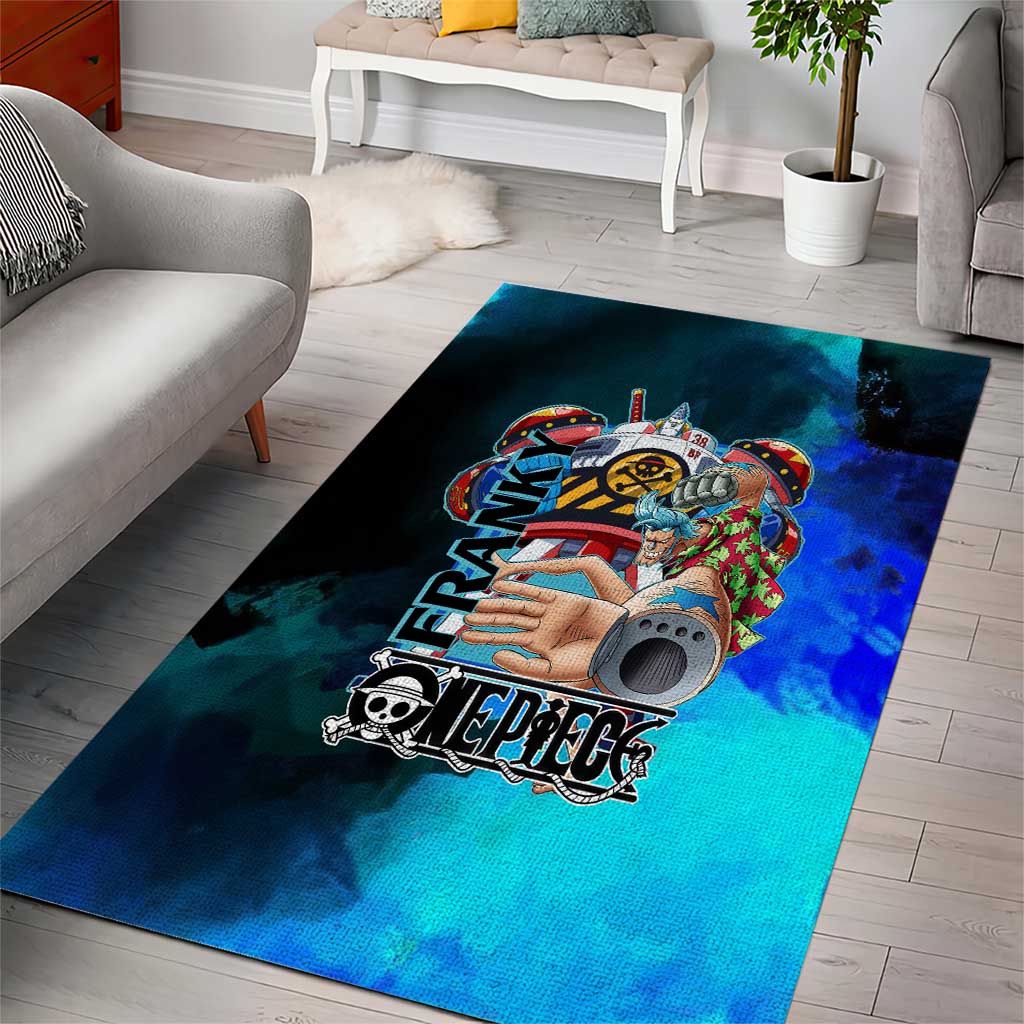 Franky One Piece Blue Theme Area Rug with Cyborg Design and Shipwright Pose - The Mazicc