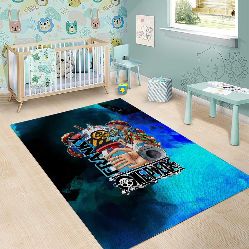 Franky One Piece Blue Theme Area Rug with Cyborg Design and Shipwright Pose - The Mazicc