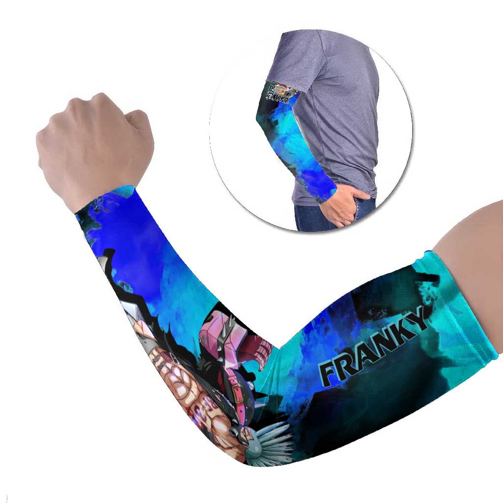 Franky One Piece Blue Theme Arm Sleeves with Cyborg Design and Shipwright Pose - The Mazicc