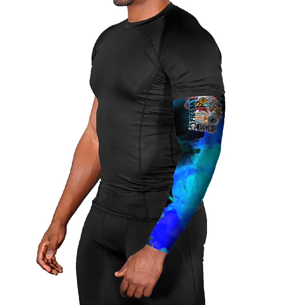 Franky One Piece Blue Theme Arm Sleeves with Cyborg Design and Shipwright Pose - The Mazicc