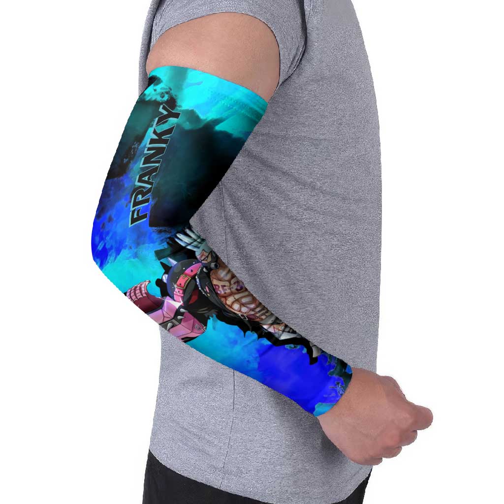 Franky One Piece Blue Theme Arm Sleeves with Cyborg Design and Shipwright Pose - The Mazicc