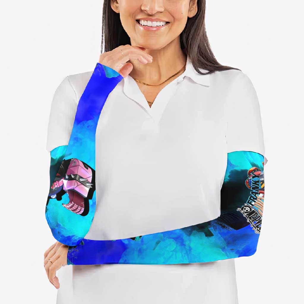 Franky One Piece Blue Theme Arm Sleeves with Cyborg Design and Shipwright Pose - The Mazicc