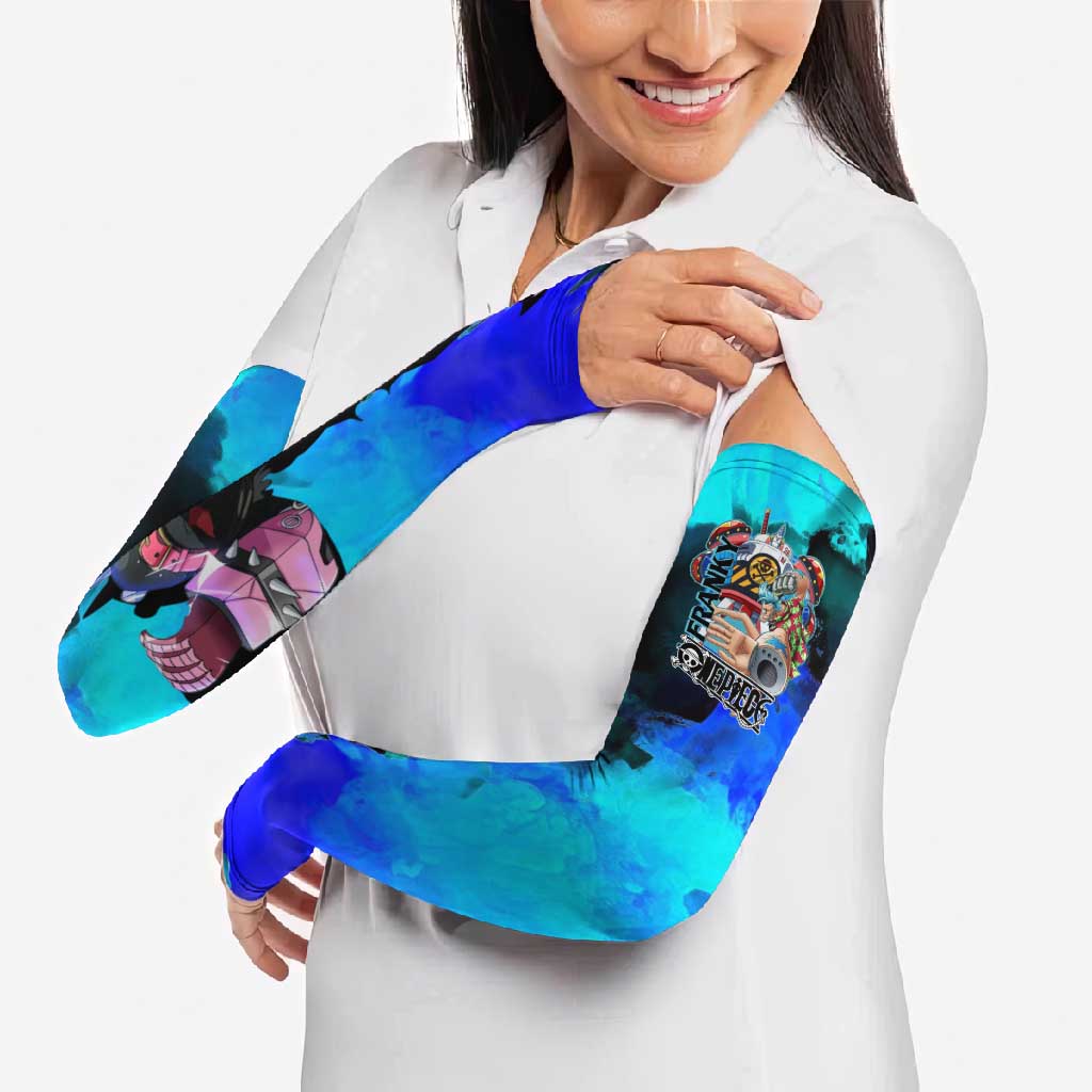 Franky One Piece Blue Theme Arm Sleeves with Cyborg Design and Shipwright Pose - The Mazicc