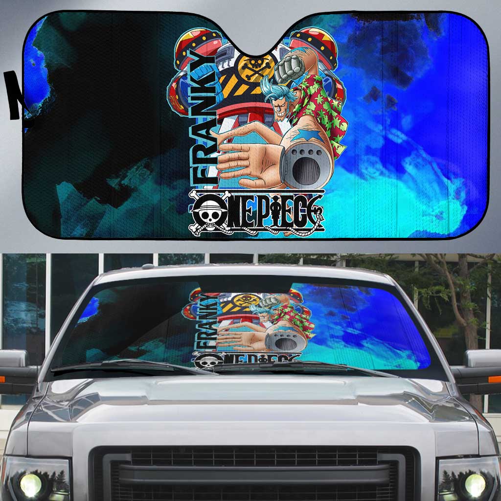 Franky One Piece Blue Theme Auto Sun Shade with Cyborg Design and Shipwright Pose - The Mazicc