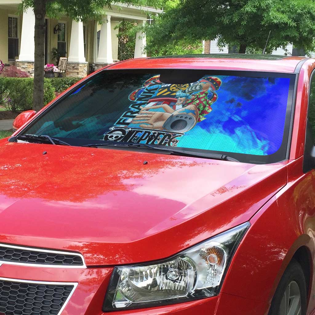 Franky One Piece Blue Theme Auto Sun Shade with Cyborg Design and Shipwright Pose - The Mazicc