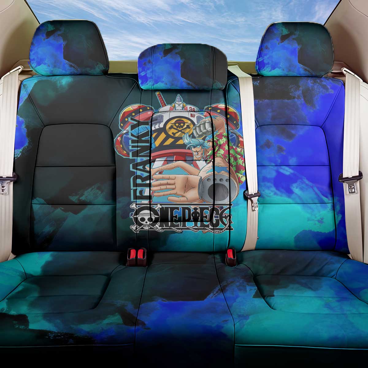 Franky One Piece Blue Theme Back Car Seat Cover with Cyborg Design and Shipwright Pose - The Mazicc