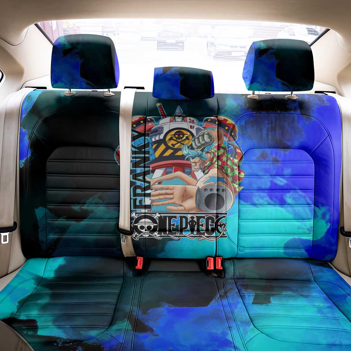 Franky One Piece Blue Theme Back Car Seat Cover with Cyborg Design and Shipwright Pose - The Mazicc