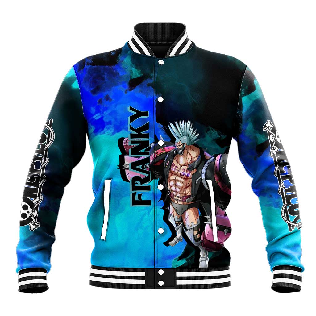 Franky One Piece Blue Theme Baseball Jacket with Cyborg Design and Shipwright Pose - The Mazicc
