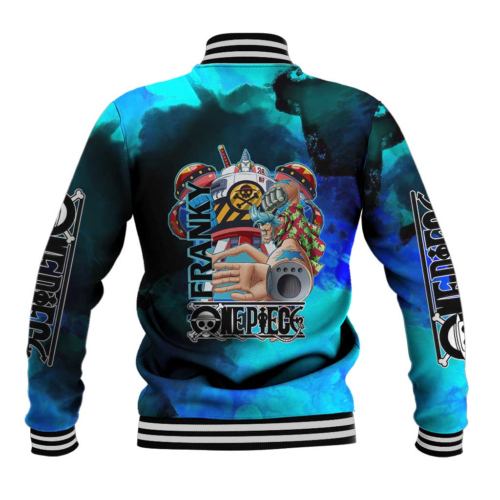 Franky One Piece Blue Theme Baseball Jacket with Cyborg Design and Shipwright Pose - The Mazicc