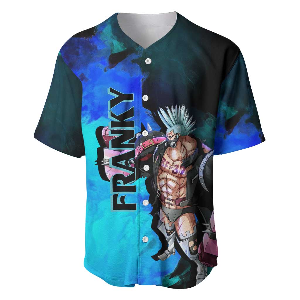 Franky One Piece Blue Theme Baseball Jersey with Cyborg Design and Shipwright Pose - The Mazicc