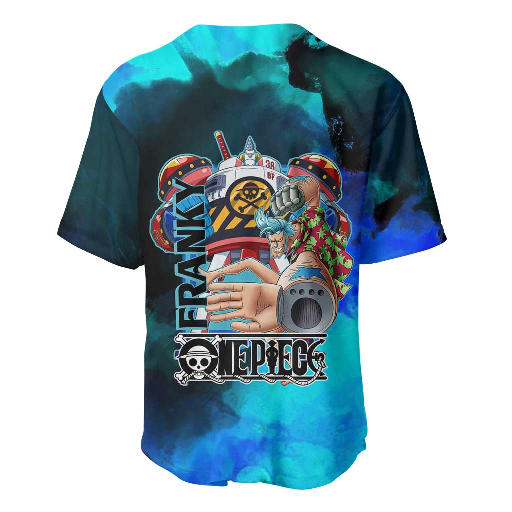Franky One Piece Blue Theme Baseball Jersey with Cyborg Design and Shipwright Pose - The Mazicc