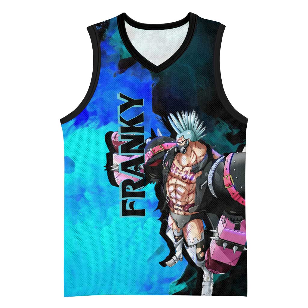 Franky One Piece Blue Theme Basketball Jersey with Cyborg Design and Shipwright Pose - The Mazicc