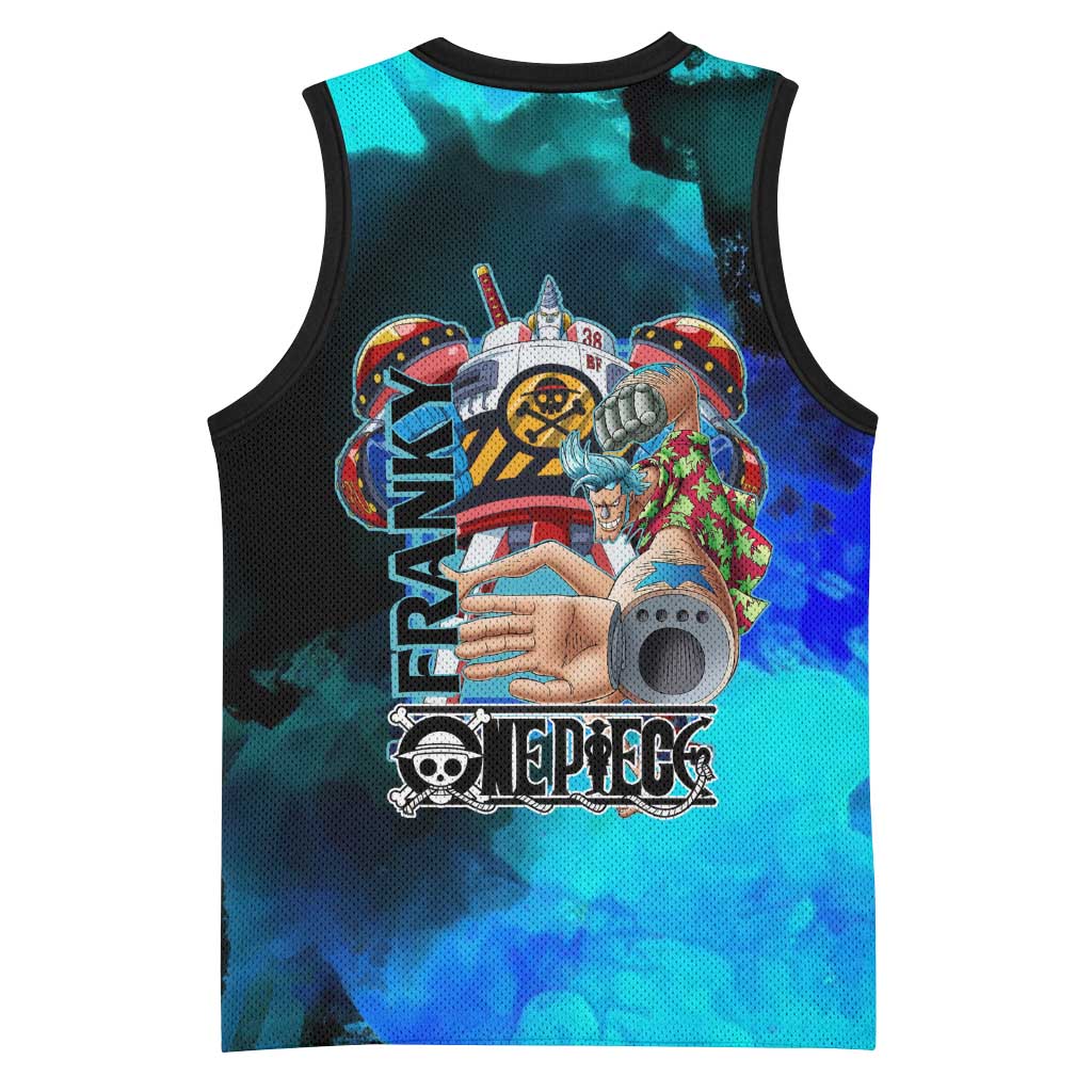 Franky One Piece Blue Theme Basketball Jersey with Cyborg Design and Shipwright Pose - The Mazicc