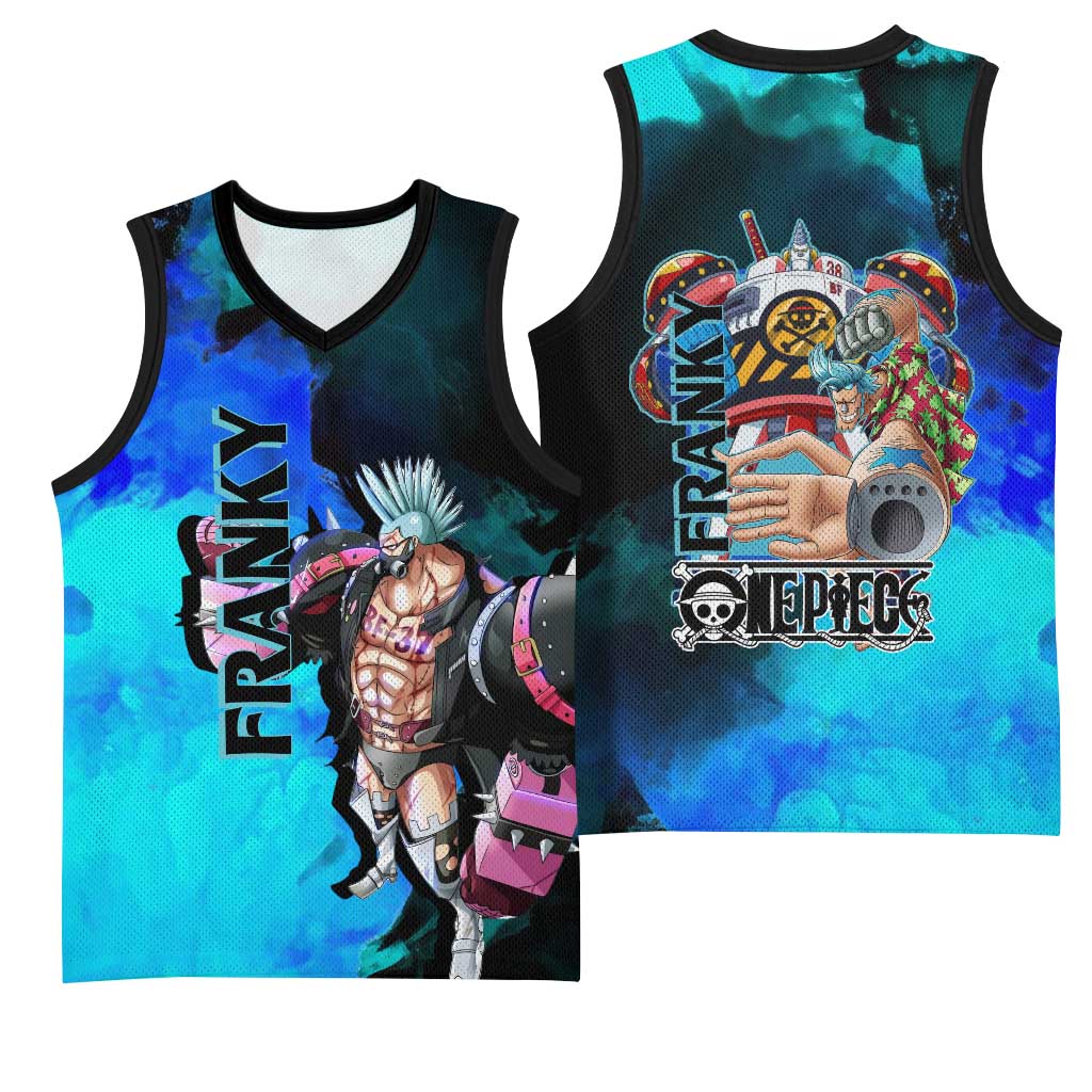 Franky One Piece Blue Theme Basketball Jersey with Cyborg Design and Shipwright Pose - The Mazicc