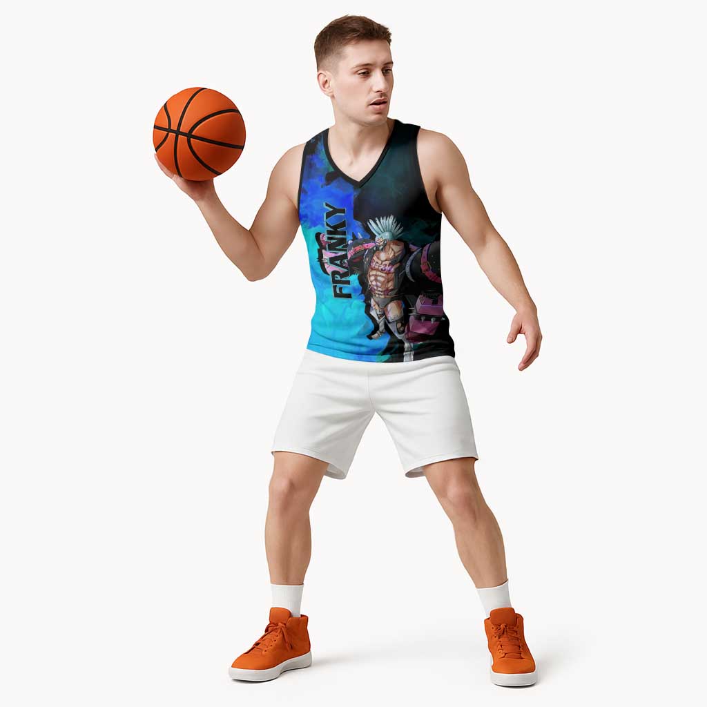 Franky One Piece Blue Theme Basketball Jersey with Cyborg Design and Shipwright Pose - The Mazicc