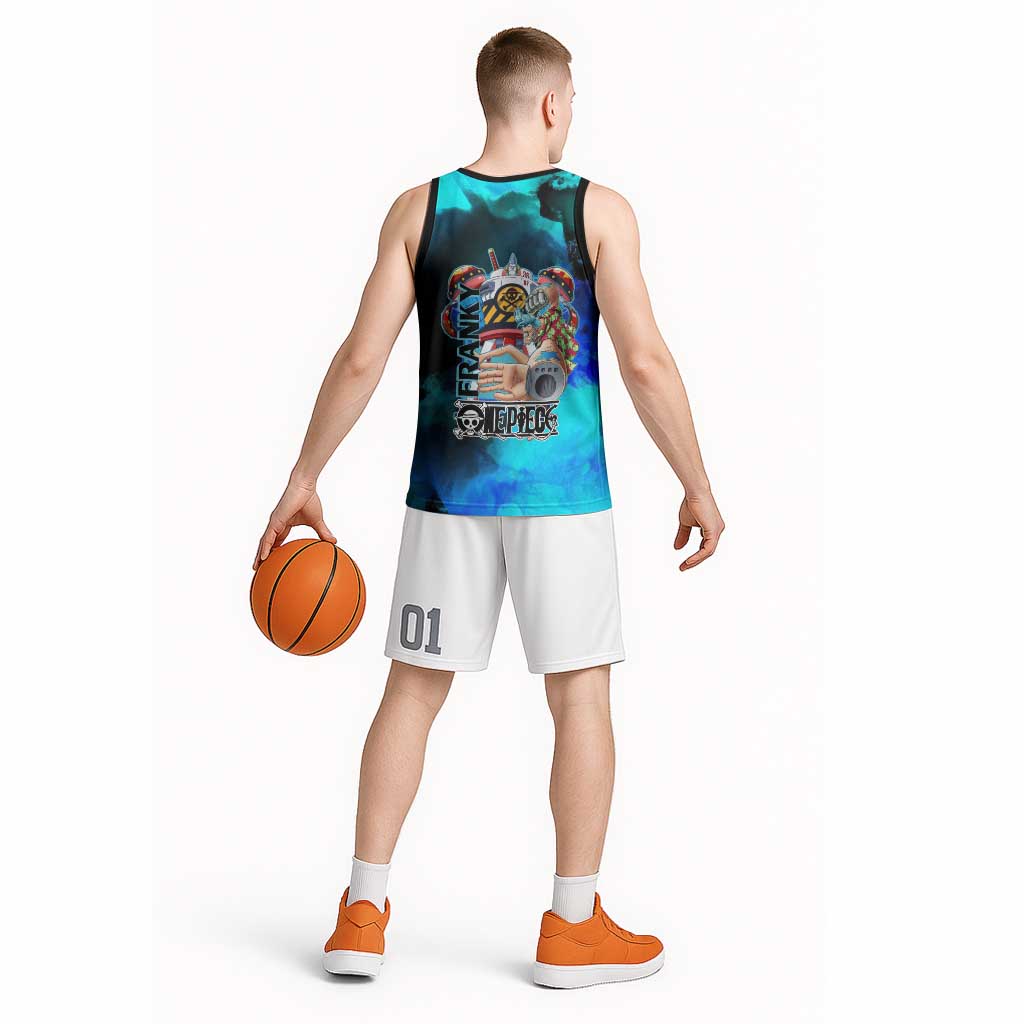 Franky One Piece Blue Theme Basketball Jersey with Cyborg Design and Shipwright Pose - The Mazicc