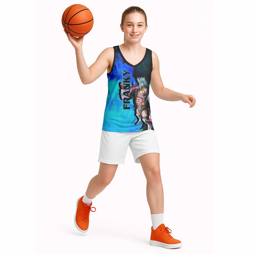 Franky One Piece Blue Theme Basketball Jersey with Cyborg Design and Shipwright Pose - The Mazicc