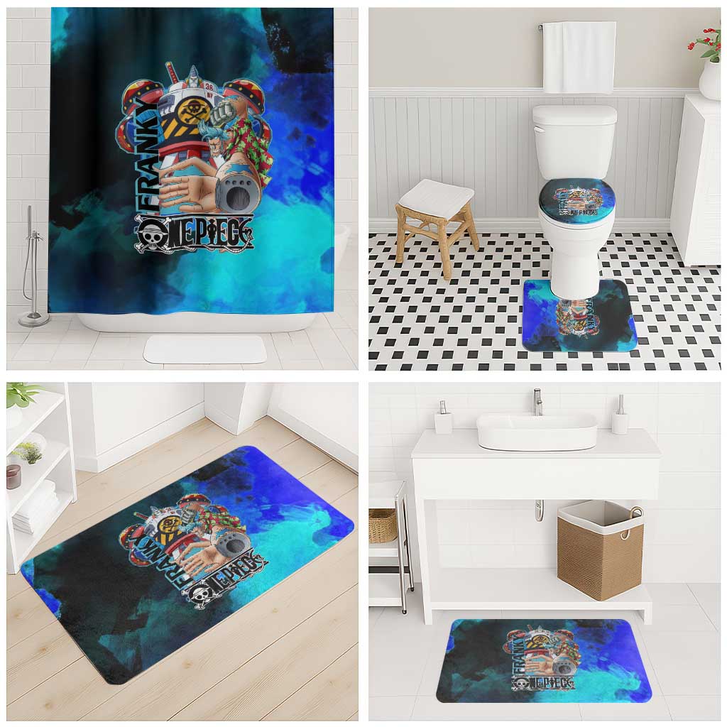 Franky One Piece Blue Theme Bathroom Set with Cyborg Design and Shipwright Pose - The Mazicc