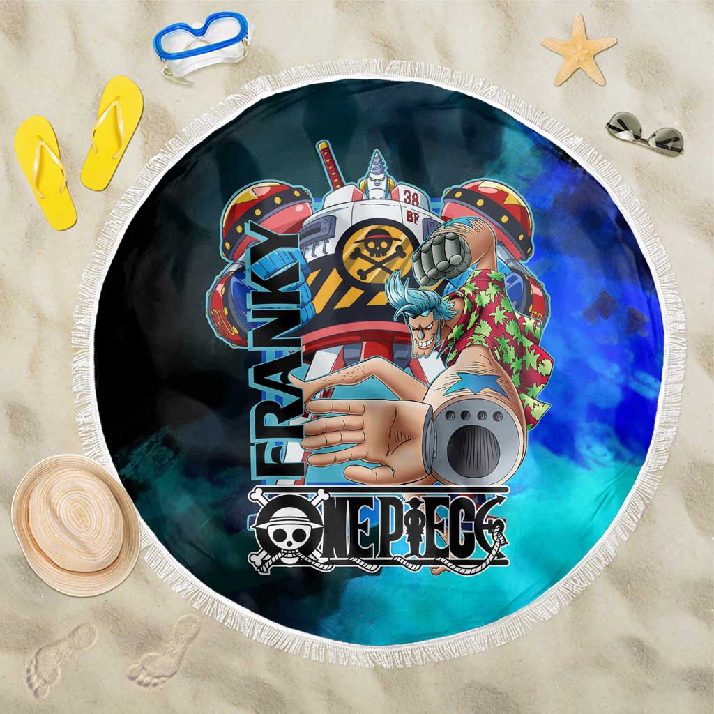 Franky One Piece Blue Theme Beach Blanket with Cyborg Design and Shipwright Pose - The Mazicc