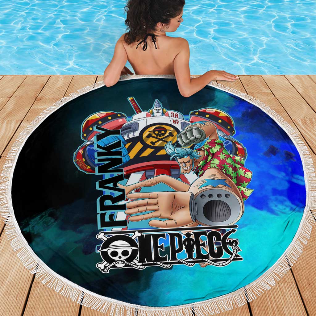 Franky One Piece Blue Theme Beach Blanket with Cyborg Design and Shipwright Pose - The Mazicc