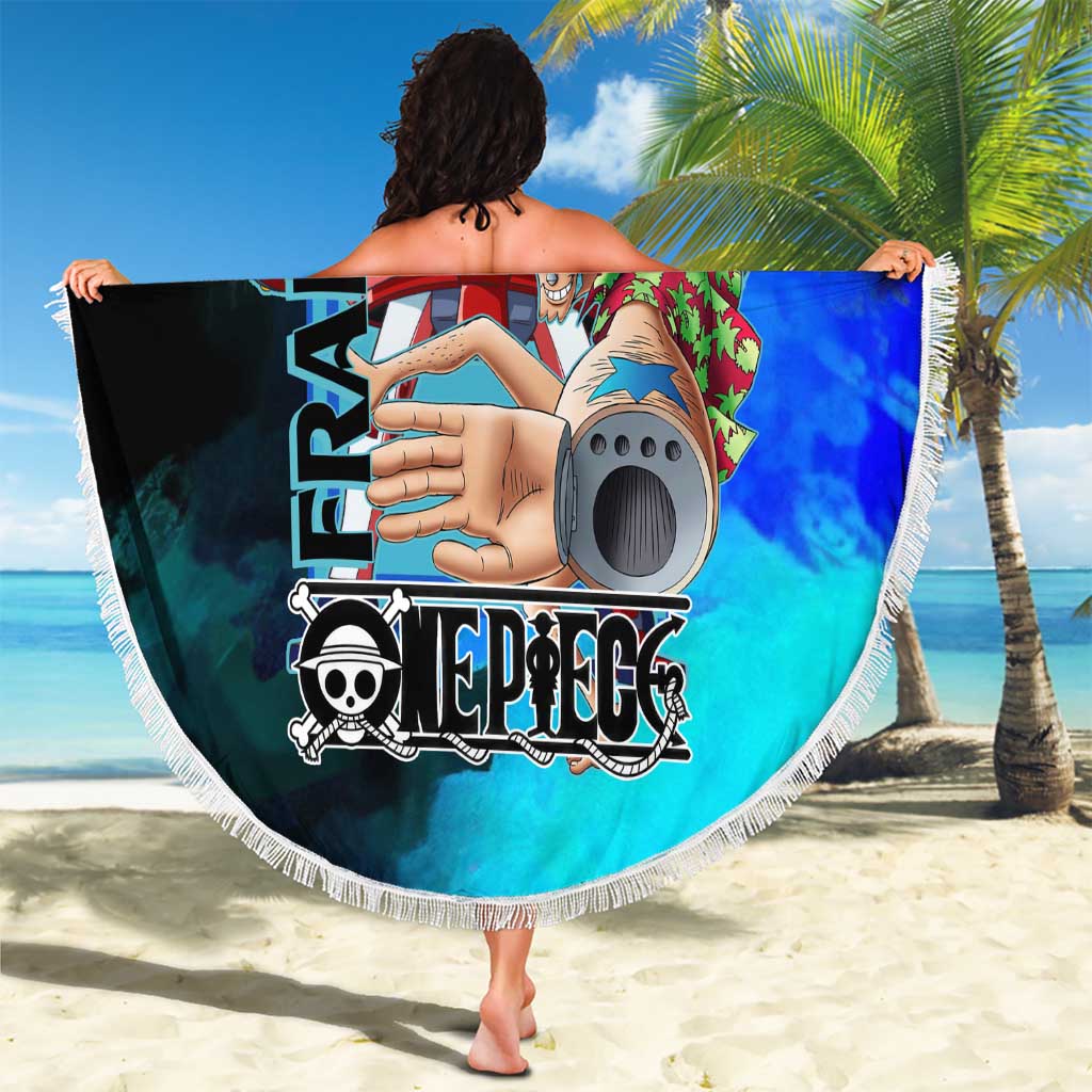 Franky One Piece Blue Theme Beach Blanket with Cyborg Design and Shipwright Pose - The Mazicc