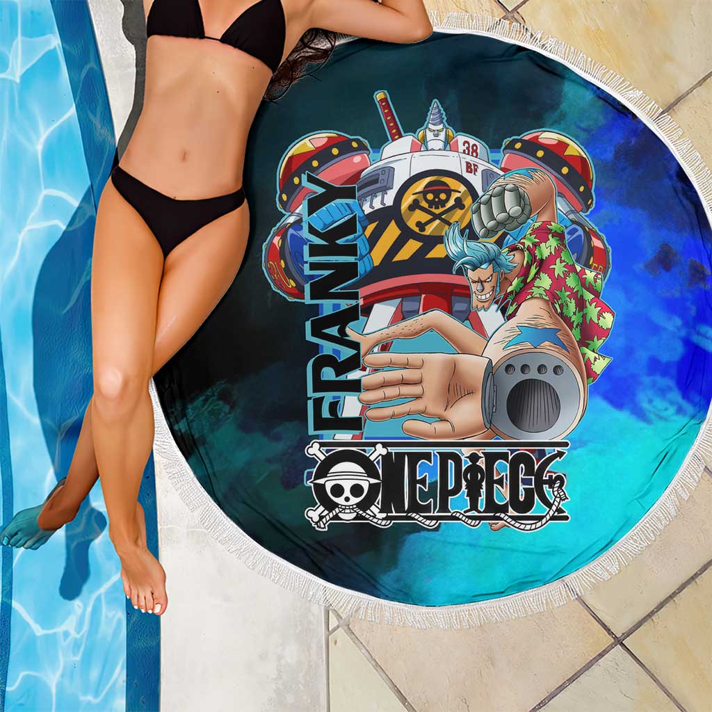 Franky One Piece Blue Theme Beach Blanket with Cyborg Design and Shipwright Pose - The Mazicc