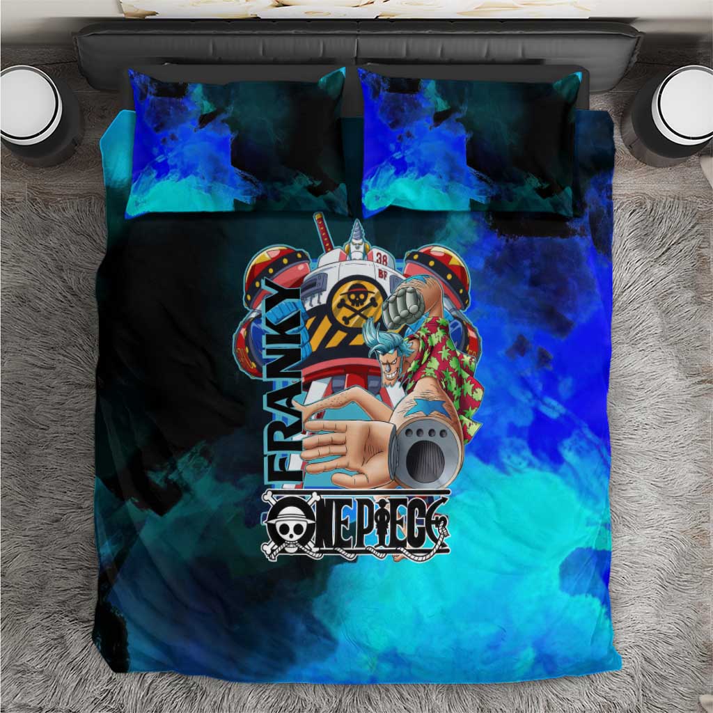 Franky One Piece Blue Theme Bedding Set with Cyborg Design and Shipwright Pose - The Mazicc