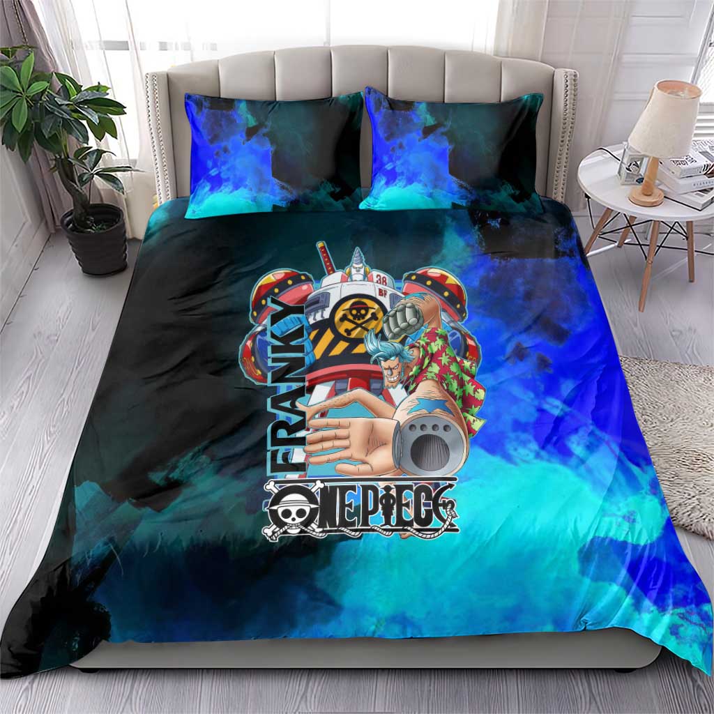 Franky One Piece Blue Theme Bedding Set with Cyborg Design and Shipwright Pose - The Mazicc