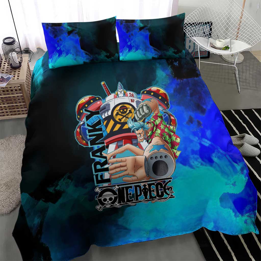 Franky One Piece Blue Theme Bedding Set with Cyborg Design and Shipwright Pose - The Mazicc