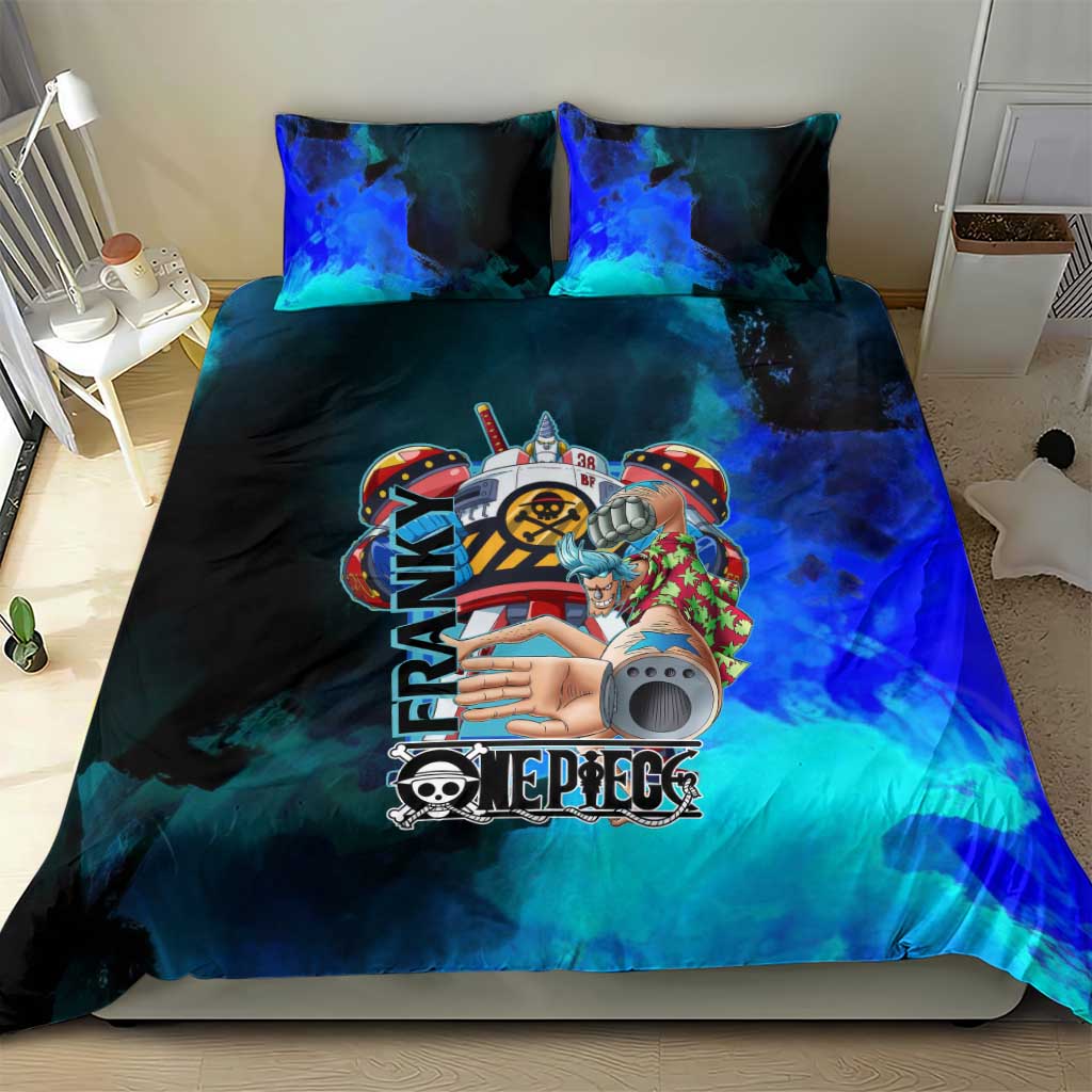 Franky One Piece Blue Theme Bedding Set with Cyborg Design and Shipwright Pose - The Mazicc