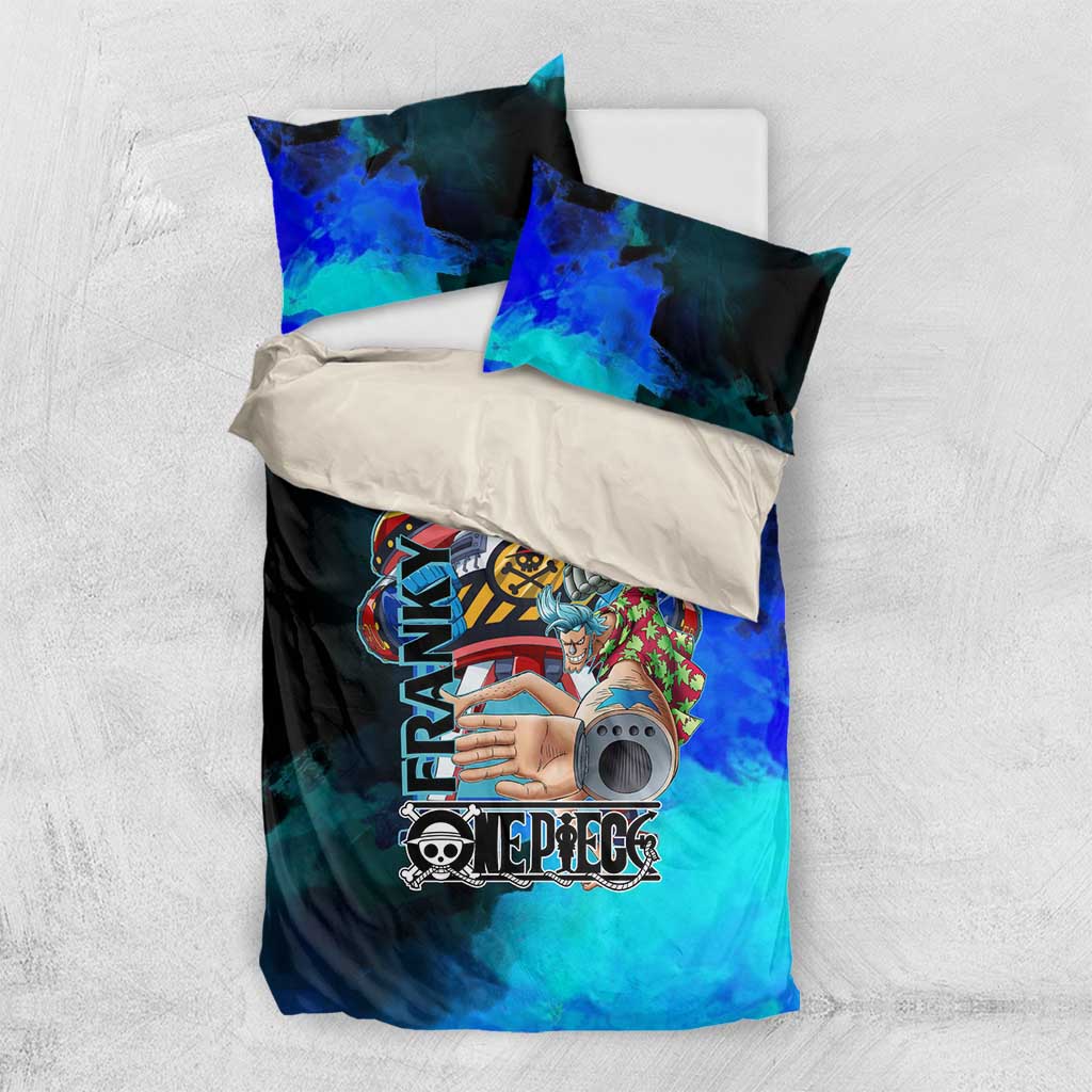 Franky One Piece Blue Theme Bedding Set with Cyborg Design and Shipwright Pose - The Mazicc