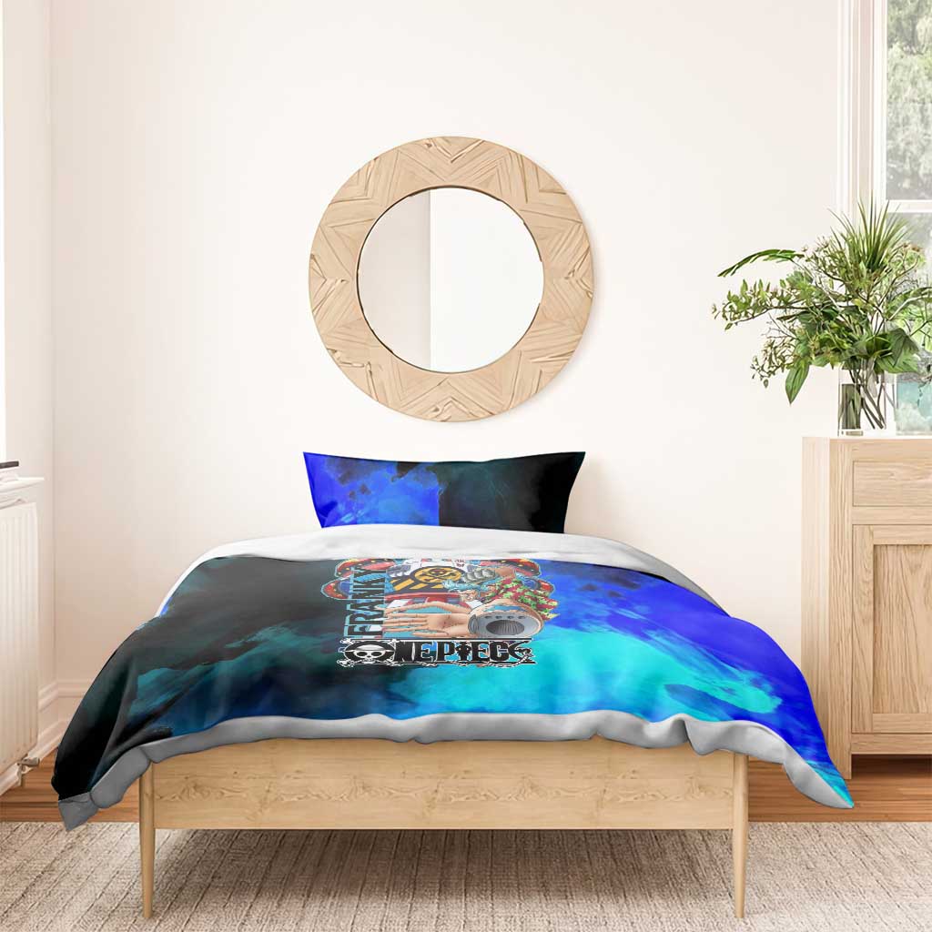 Franky One Piece Blue Theme Bedding Set with Cyborg Design and Shipwright Pose - The Mazicc