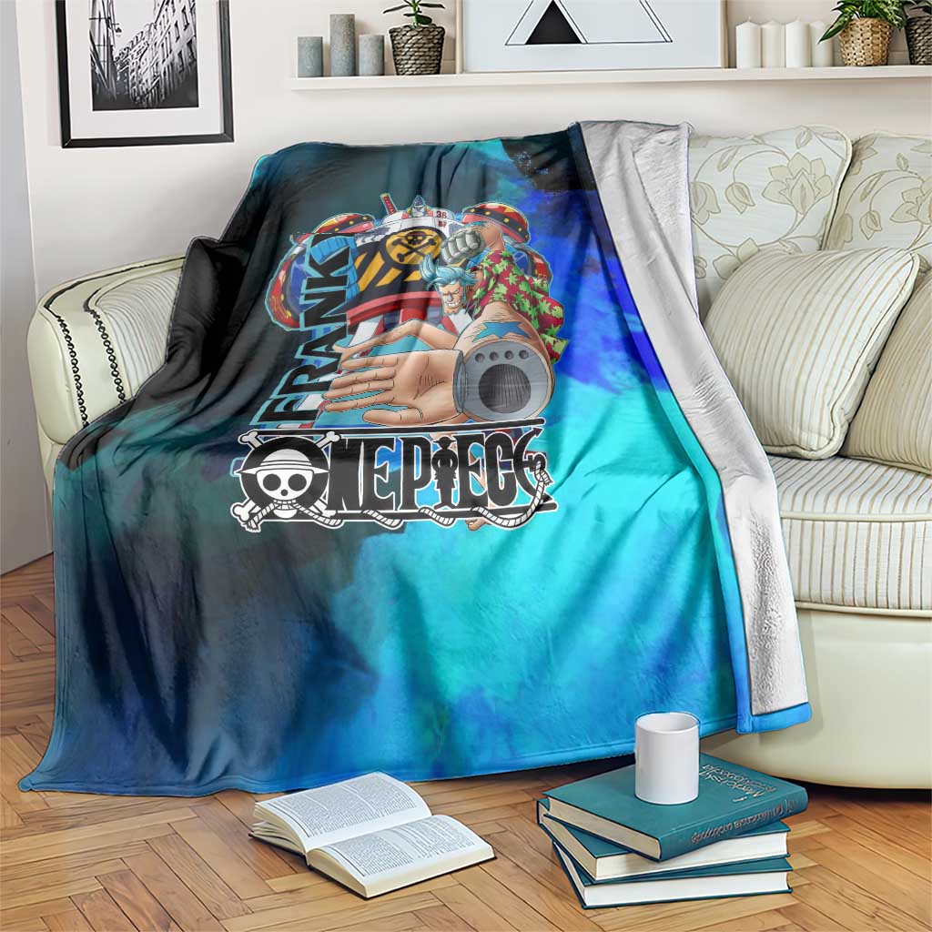 Franky One Piece Blue Theme Blanket with Cyborg Design and Shipwright Pose - The Mazicc