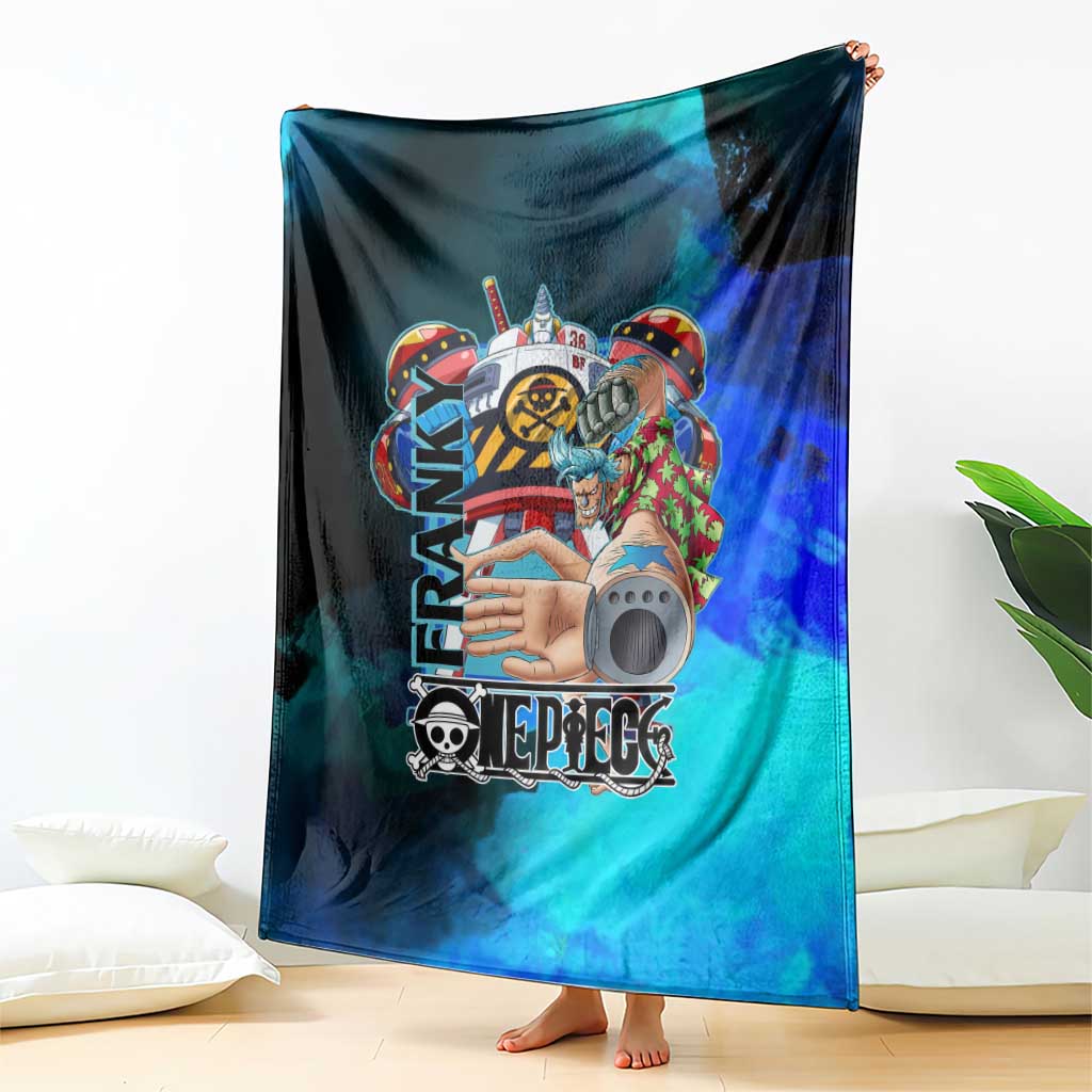 Franky One Piece Blue Theme Blanket with Cyborg Design and Shipwright Pose - The Mazicc